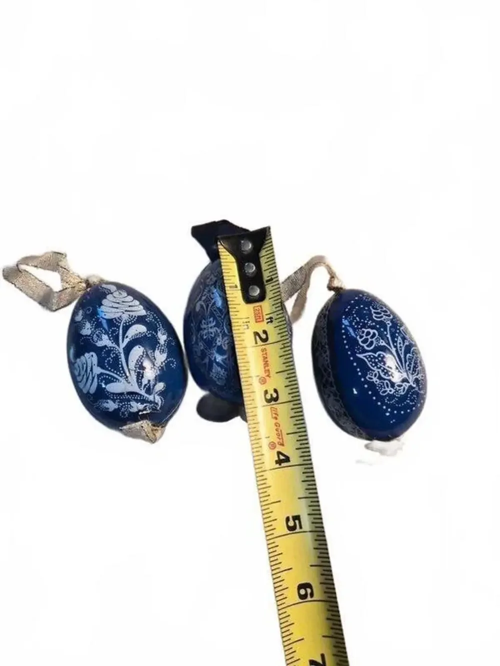 Set of 3 Hand Painted Blue Lacquer Hanging Egg Ornaments Vintage Folk Art